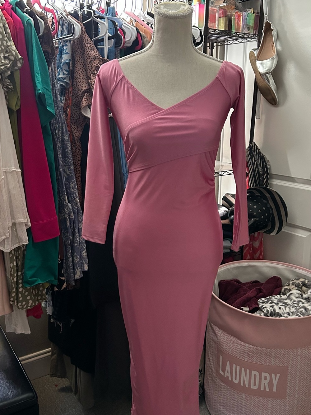 SHEIN Mauve Pink Long Sleeve V-Neck Midi Dress